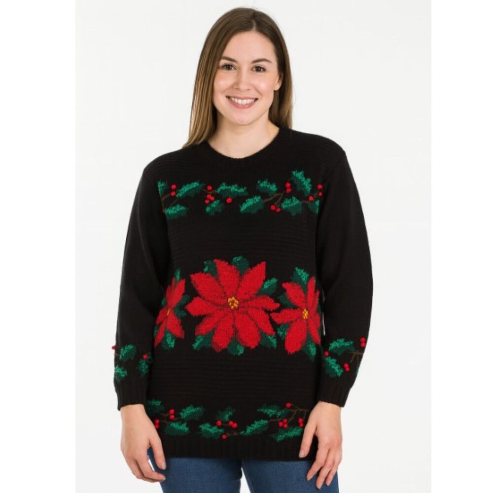 Croft & Barrow Christmas Sweater Poinsettia Black Holiday Knit Womens XL